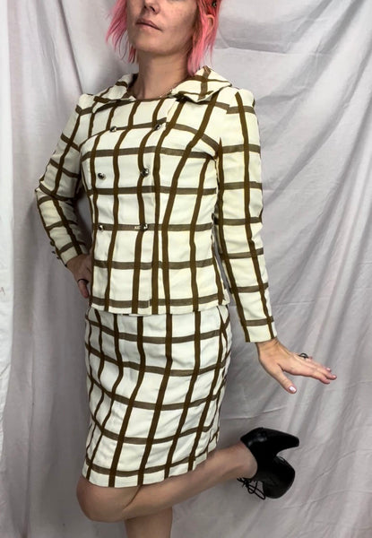 Vintage 1960s 60s | Brown and White GoGo Mod 2 piece Dress Suit | Size