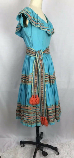 Vintage 40s Patio Squaw Dress Blue Cotton Ric Rac Gold Trim Pinup Swing 1940s