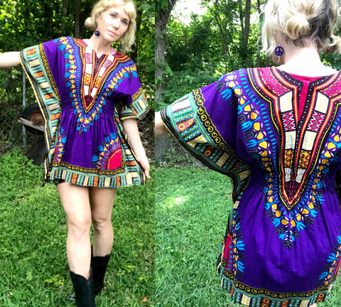 VTG Vintage 70s Purple Hippy Ethnic African Hippie Boho Festival Tunic Kaftan Dashiki Shirt Top Blouse | M