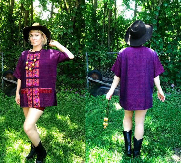 VTG Vintage 70s Purple Ethnic African Hippie Boho Festival Tunic Dashiki Shirt Top Blouse | M