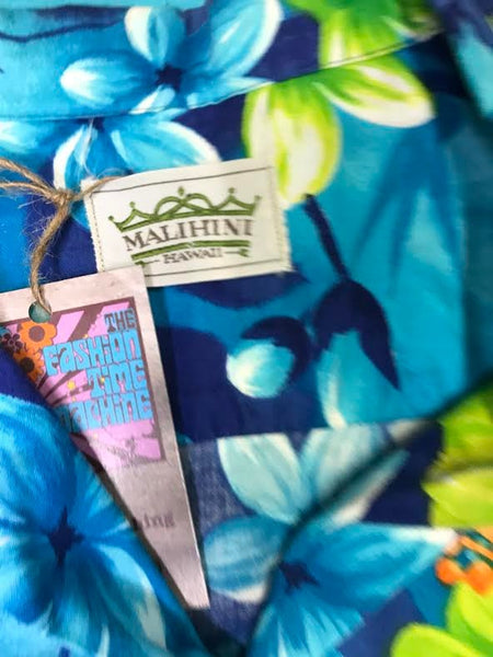 VTG Men's Blue Hawaiian Tropical Floral Print Button Down Vacation Shirt XL