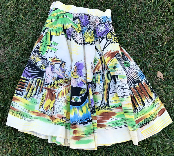 Folk Mexican Tiki Cotton | Art Sequin Beaded | Circle Skirt Pin Up | M L