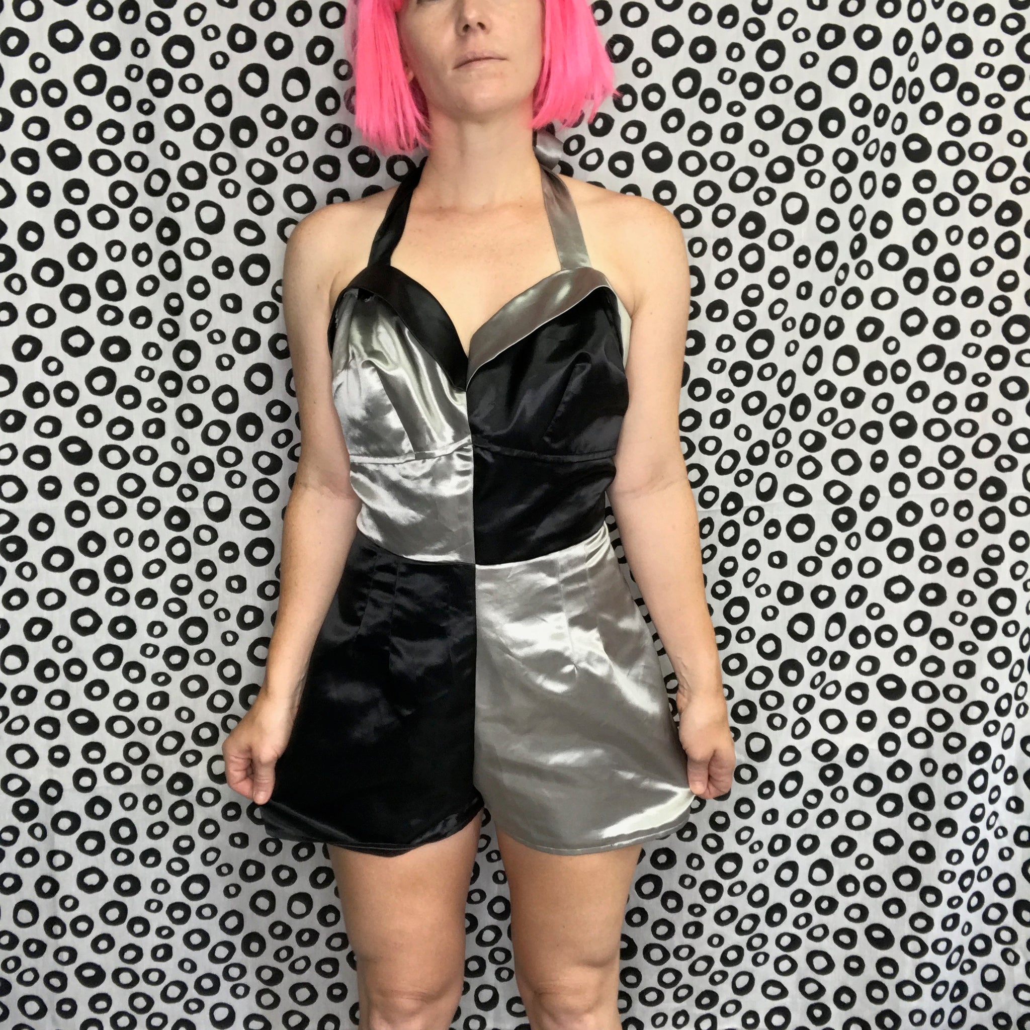 80s 90s Y2K | Silver and Black Checker Mod GoGo Jumpsuit Romper Playsuit | S