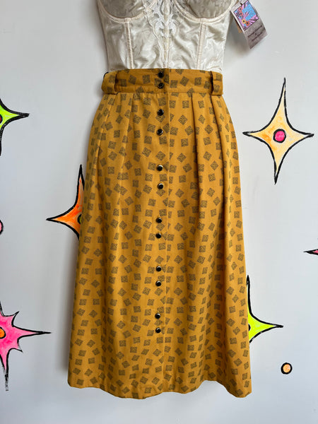 Vintage 90s | High Waisted Geometric Yellow Midi Skirt | Size S