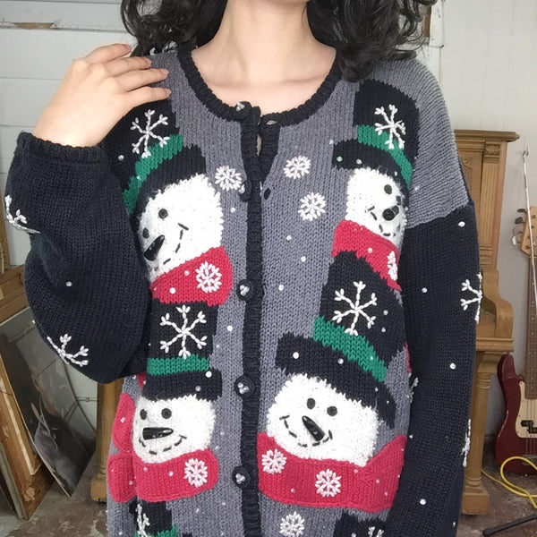 Vintage | Embellished Snowman Tacky Ugly Christmas Sweater Cardigan | Woman’s Size L
