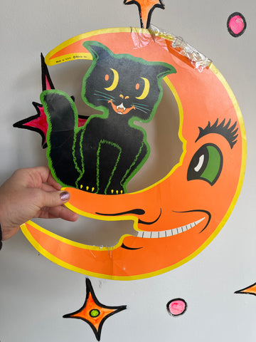 Vintage 1970’s Beistle Halloween Cat on a Moon Cut Out Decoration