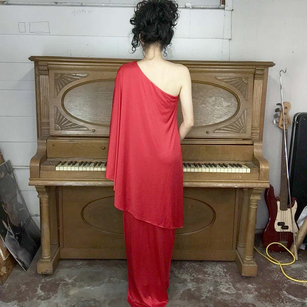Halston Red Draped Grecian Goddess One Sleeve Boho Disco Party Maxi Dress | XS