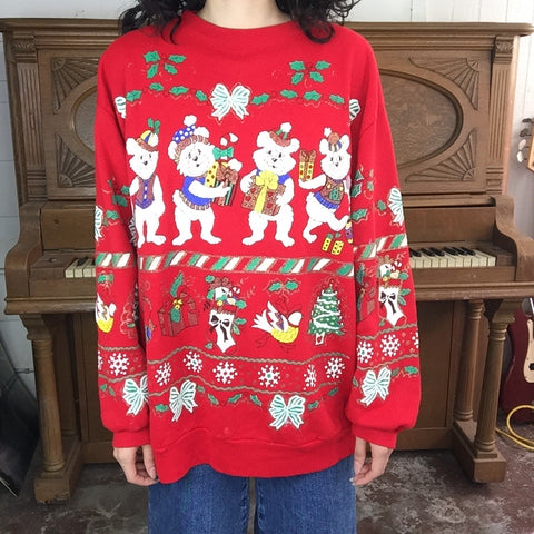 Vintage 80s | Puffy Paint Teddybear Tacky Ugly Christmas Sweater | L