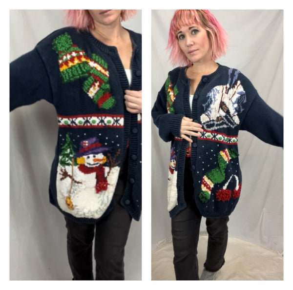 Vintage 90s | Hand Knit Tacky Ugly Christmas Sweater Oversized Cardigan | L