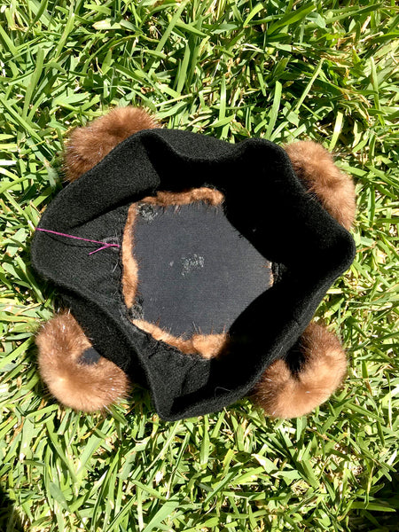 Vintage 50s | Black Felt Wool Fur Trim Fascinator Pin Up Party Pillbox Hat