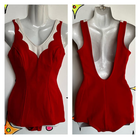 Vintage 50s 60s | MOD Red & White One Piece Swimsuit Playsuit Bathing Suit | M