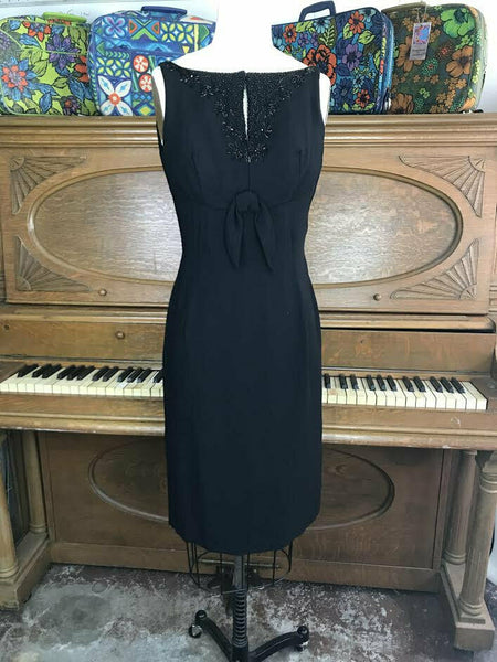 VTG 50s 60s Black Beaded Mid Century Pencil Hourglass Wiggle Cocktail Dress XS