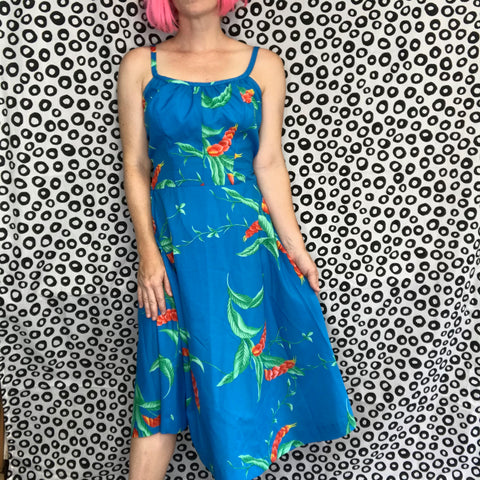 Vintage Hilo Hatties | Retro Pinup Tiki Floral Full Skirted Swing Dress | S - M