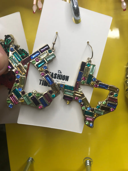 Texas Shaped | Retro Kitschy | Crystal Beaded Rainbow Statement Earrings