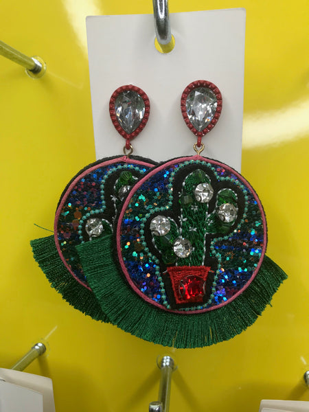 New | Bohemian Kawaii Cactus Statement Earrings | Tassel Fringe Beaded Glitter