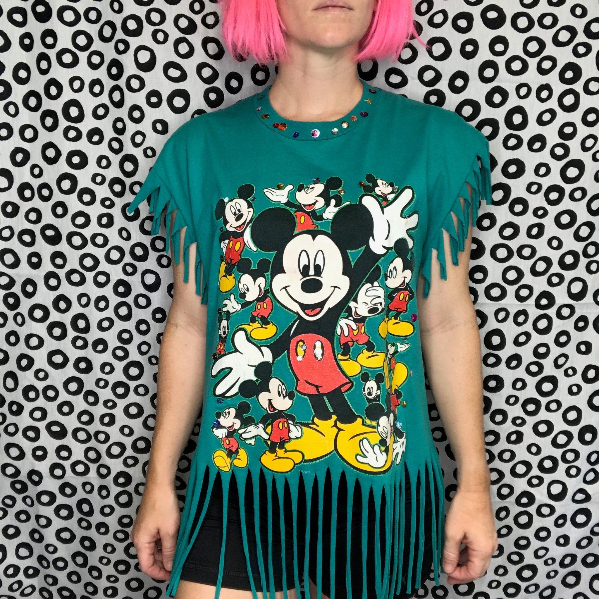 Vintage 80s 90s Mickey Mouse Tee Disney Collectible Fringe Bedazzled T Shirt L