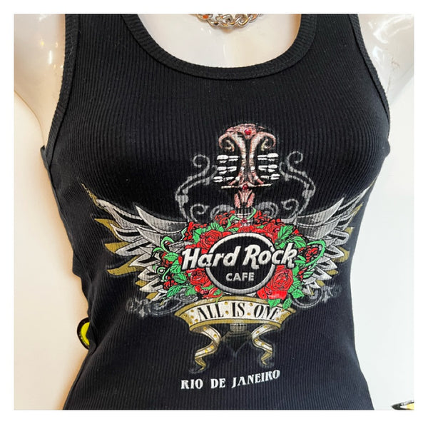 Vintage 90s | Hard Rock Cafe Rio de Janeiro Black Ribbed Tank Top | Size S