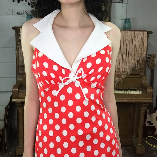 Vintage 70s | Red Polka Dot Groovy Boho Hippie Halter Maxi Dress | XS Fashion Time Machine Vintage 70s | Red Polka Dot Groovy Boho Hippie Halter Maxi Dress | XS Fashion Time Machine