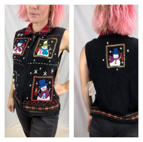 Vintage 80s 90s Embellished Festive Tacky Ugly Christmas Sweater Snowman Vest M