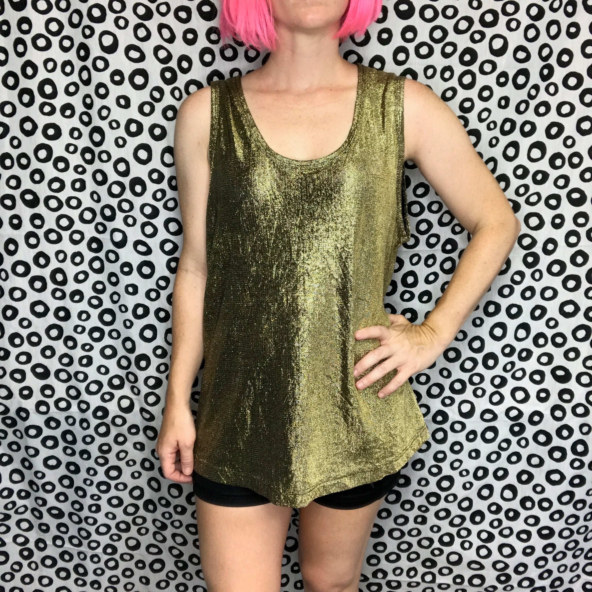 Vintage 80s | Glam Metallic Liquid Gold Shiny Disco Party Blouse Tank Top | L