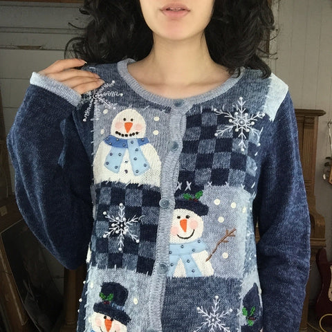 Vintage | Patchwork Snowman Tacky Ugly Christmas Sweater Cardigan | Woman’s Size S
