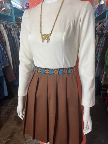 Vintage 1960s 70s | Groovy Brown & White GoGo Mod Mini Dress | Size S