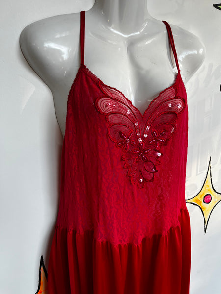 Vintage 80s | Red Lace Beaded Slip Nighty Mini Dress | Size Large