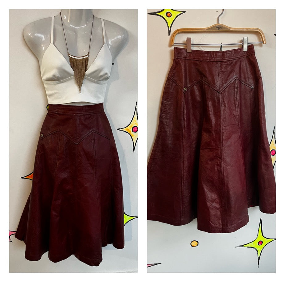 Vintage 70s | Etienne Aignes Brown Leather Boho Western Prairie Skirt | Small