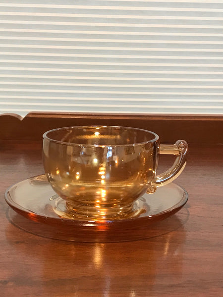 Vintage | Jeanette Glass Co Tea Cups (3) and Saucer (1) | Marigold Iridescent