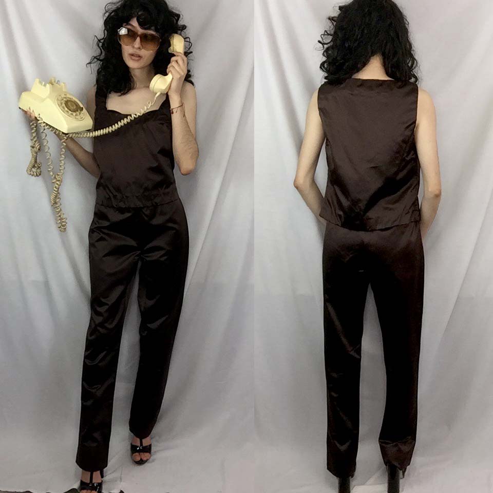 Vintage Y2K | MIU MIU Brown Silk Satin 2 Piece Crop Top and Pants Set | Size 44