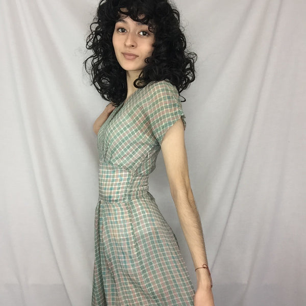 Vintage 40s 1950s | Plaid Fit and Flair Semi Sheer Pin Up Cotton Day Dress | XS