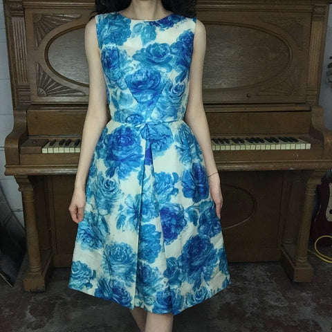 Vintage 50s 60s | MOD Blue Floral Wiggle Party Dress | Size XS