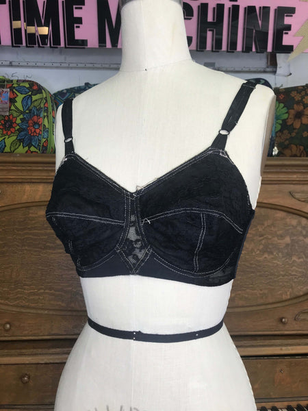 Vintage 1950s Bra | Black Bullet Bra Pin up Lingerie | 32C