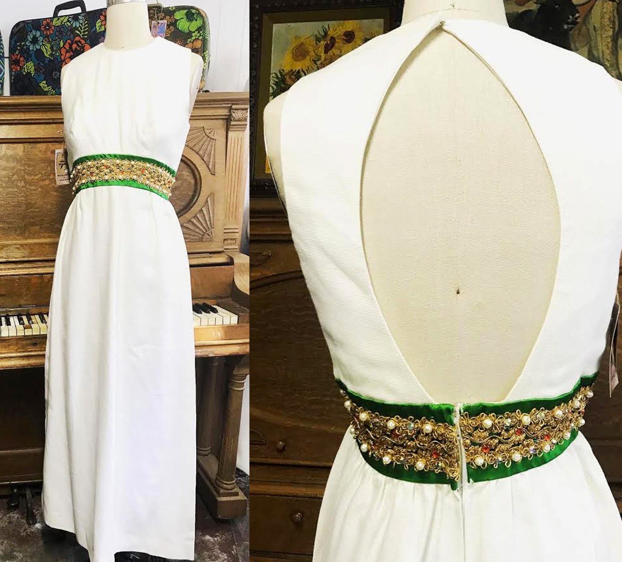 Vintage 60s 70s Mod Mid Century Maxi Prom Party Wedding Cocktail Beaded Cut Out Back Dress XS