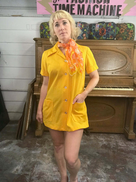 VTG 70s | Yellow Groovy Big Collar Shirt Top Dress Mod Boho Disco Blouse | M/L