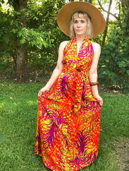 Vintage 70s | Psychedelic Day Glo Hawaiian Bohemian Hippie Maxi Festival Dress S