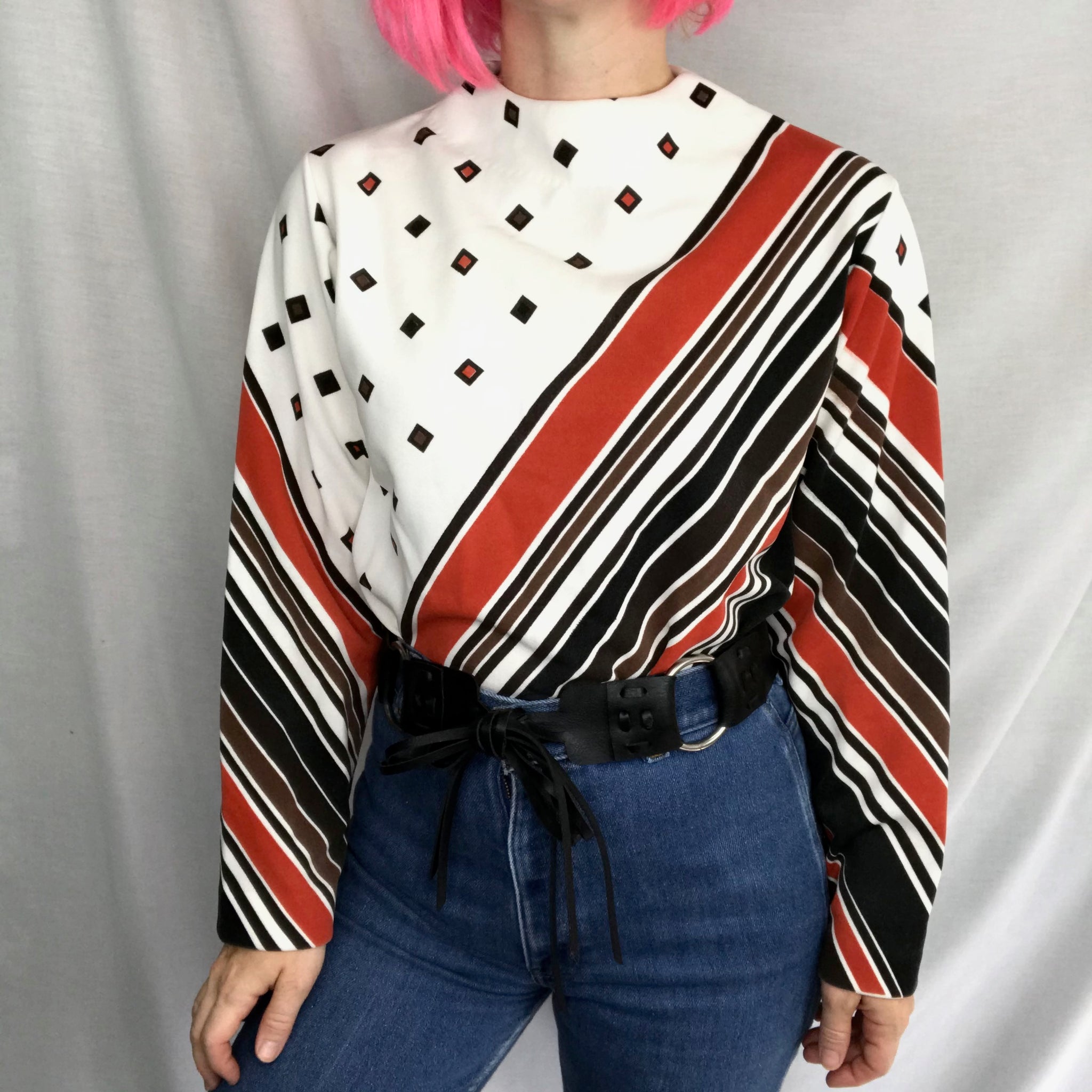 Vintage 60s 70s | Novelty Geometric Psychedelic Mod Boho Blouse Shirt Top | M