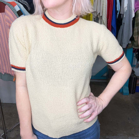 Vintage 60s 70s | Tan Orange Navy Stripe Mod Cropped Turtleneck Knit Top | L