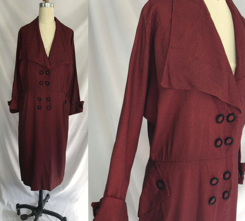 Vintage 1940s 50s | Red & Black Check Wartime Double Breasted Shirt Dress | L XL