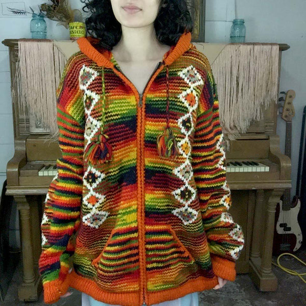 Vintage 90s | Oversize Rasta Colorful Unisex Zip Wool Hoodie | Size L