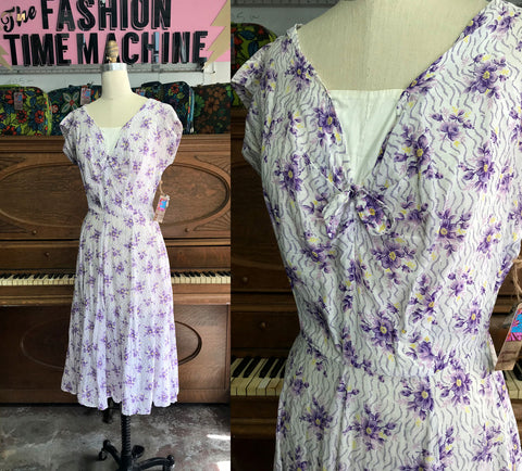 Vintage 1950s | Purple Floral Swing Skirt Pin Up Cotton Party Dress | S