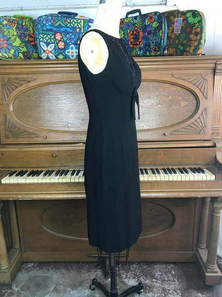 VTG 50s 60s Black Beaded Mid Century Pencil Hourglass Wiggle Cocktail Dress XS