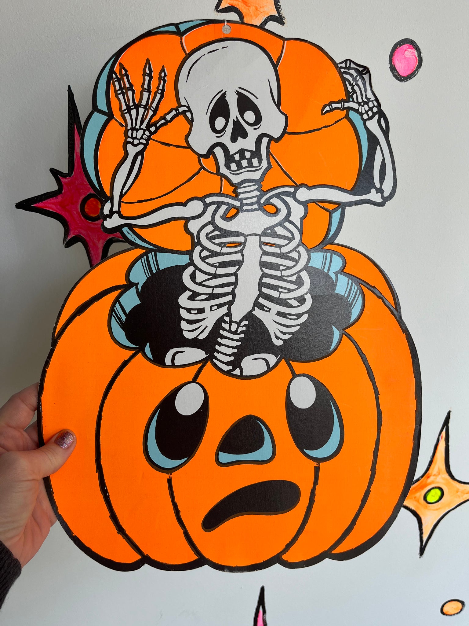 Vintage 1970’s Eureka Black Light Halloween Skeleton Pumpkin Cut Out Decoration