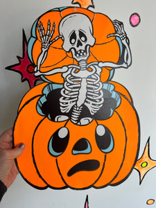 Vintage 1970’s Eureka Black Light Halloween Skeleton Pumpkin Cut Out Decoration