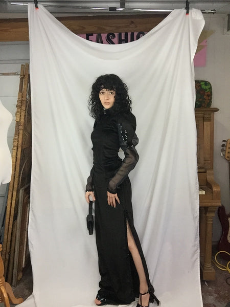 Vintage Puff Sleeve Black Velvet Maxi Dress with Slit and Beaded Trim | M