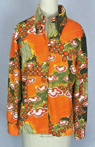 Vintage Orange 60s MOD Psychedelic Disco Op Art shirt top Blouse XL 16