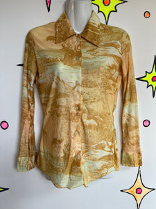 Vintage 70s | Yellow Disco Polyester Big Collar Shirt Top | Size Small