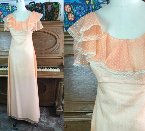 Vintage Peach Dot Ruffle Gunne Sax Style Festival Prairie Dress Lace weet Boho Hippy Small