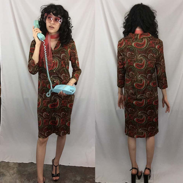 Vintage 1970s 70s | Red Paisley Boho Groovy GoGo Disco Mod Party Mini Dress | M