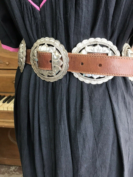 Vtg 90s | Brighton Silver Sunflower Concho Belt Brown Leather Boho Western | M